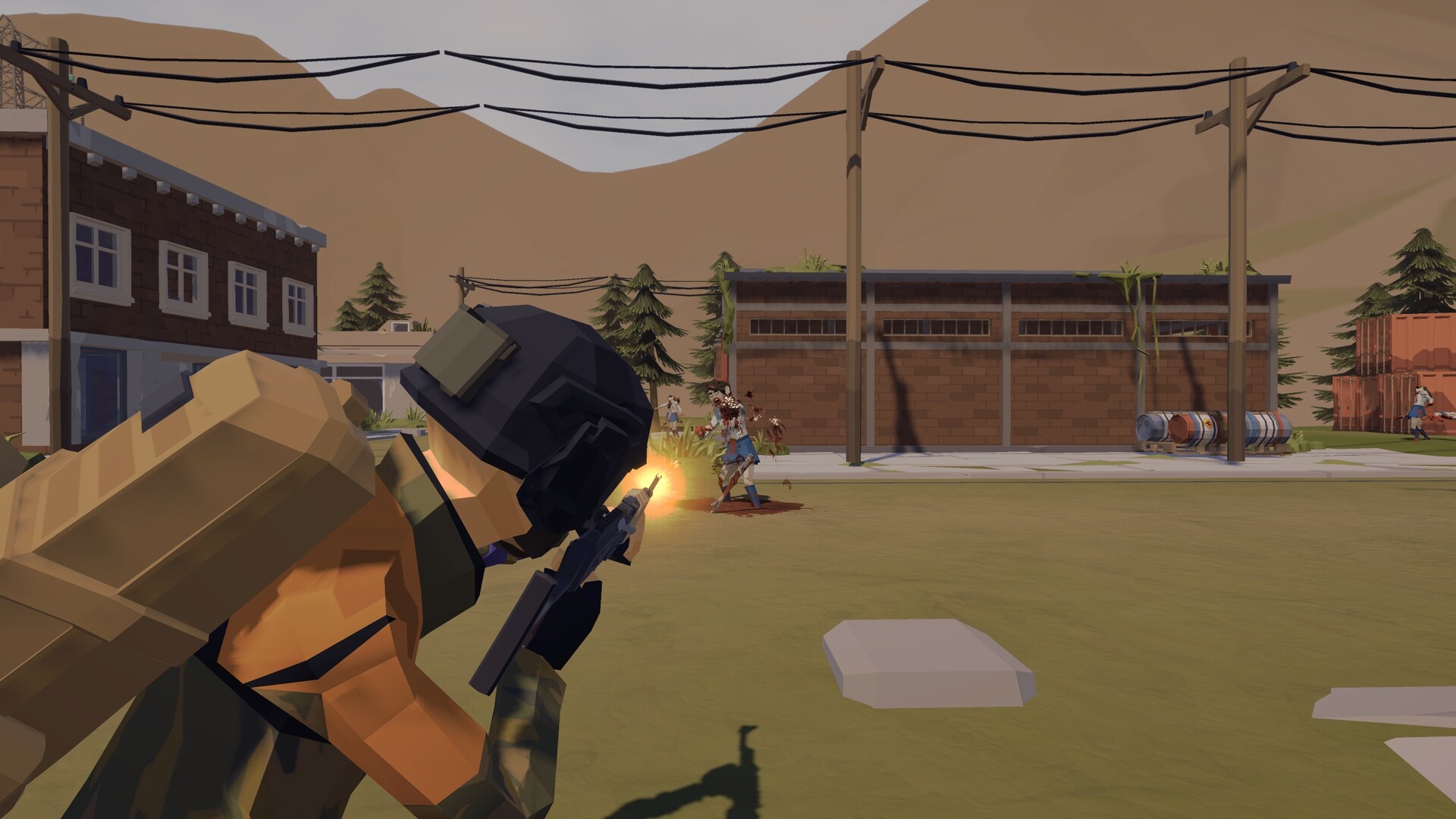 A survivor fighting zombies in a low-poly town